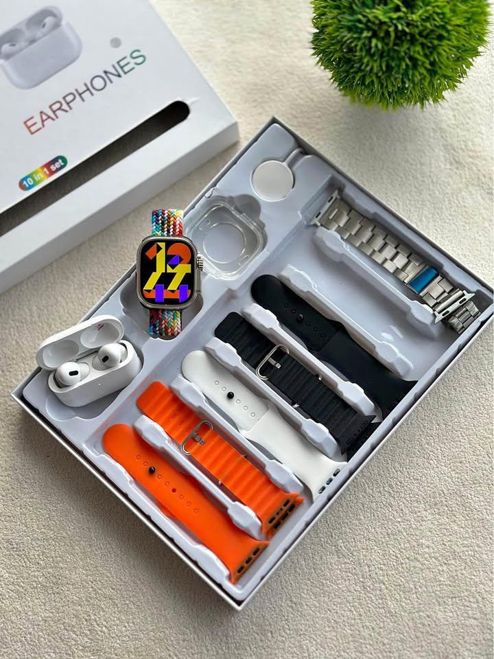 Big 2.3 Infinity Display 10 IN 1 Smart Watch White Edition Combo With Earbuds