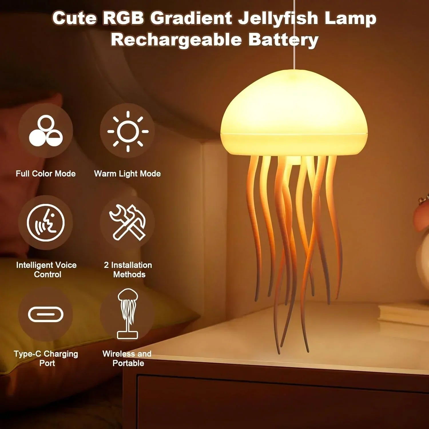 Jelly: Viral Jellyfish Lamp with Voice Control & USB-C Rechargeable (Hanging + Base)