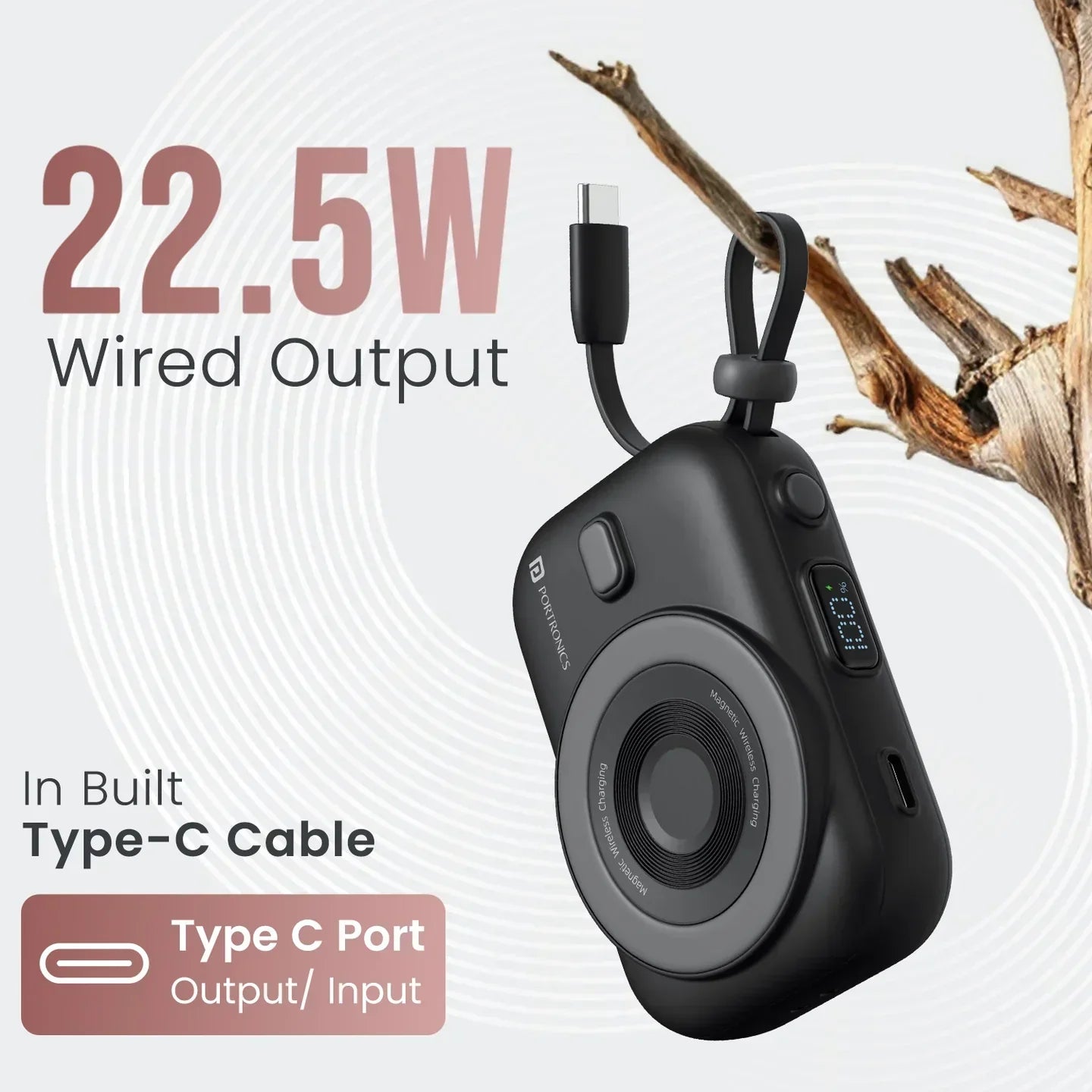 Power Shutter Home 15W Wireless Output | 22.5W Wired Output | In Built Type C Cable | LED Battery Display