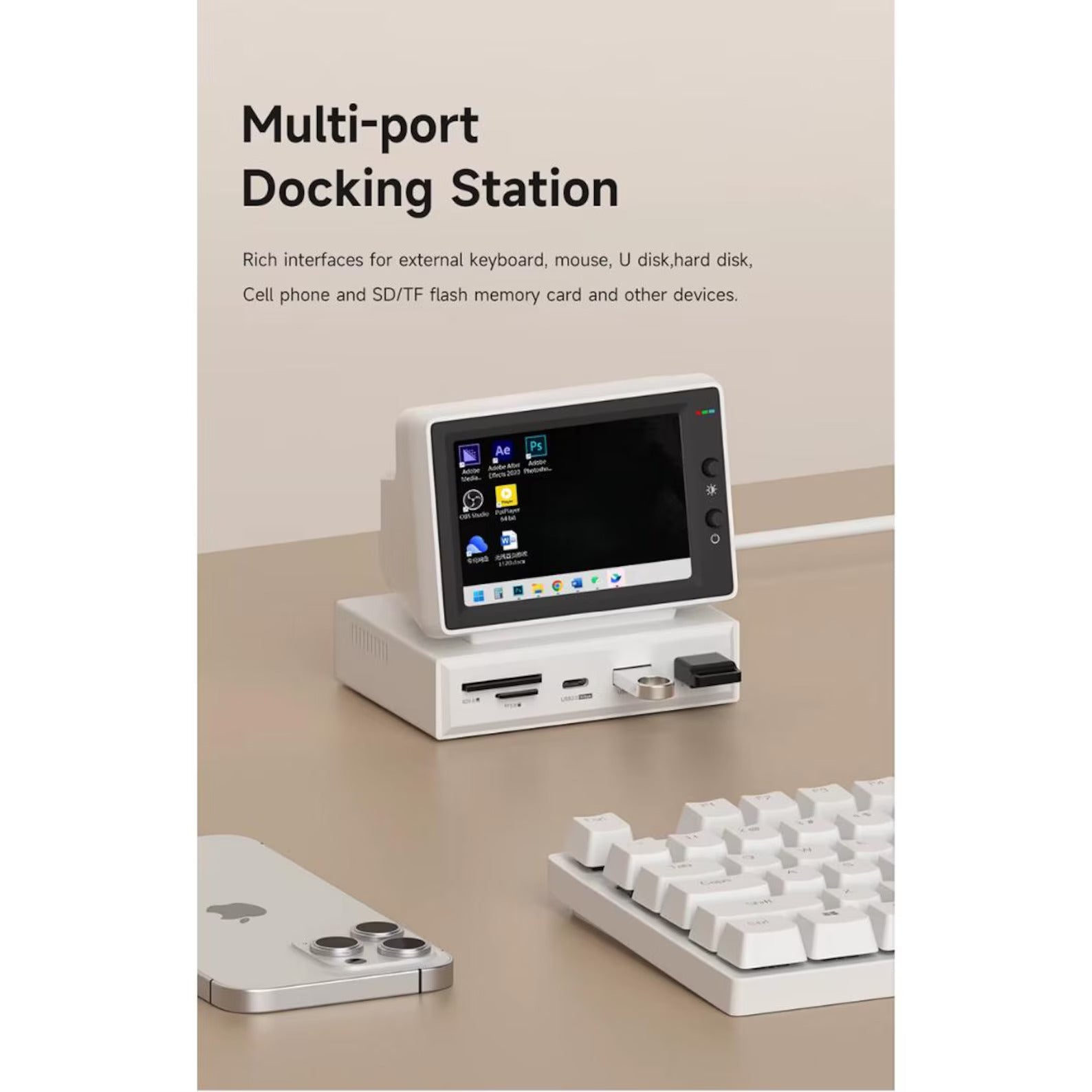3.5 in Portable Mini Monitor USB-C Type-C Integrated Docking Station with IPS Screen 178 Wide Viewing Angle